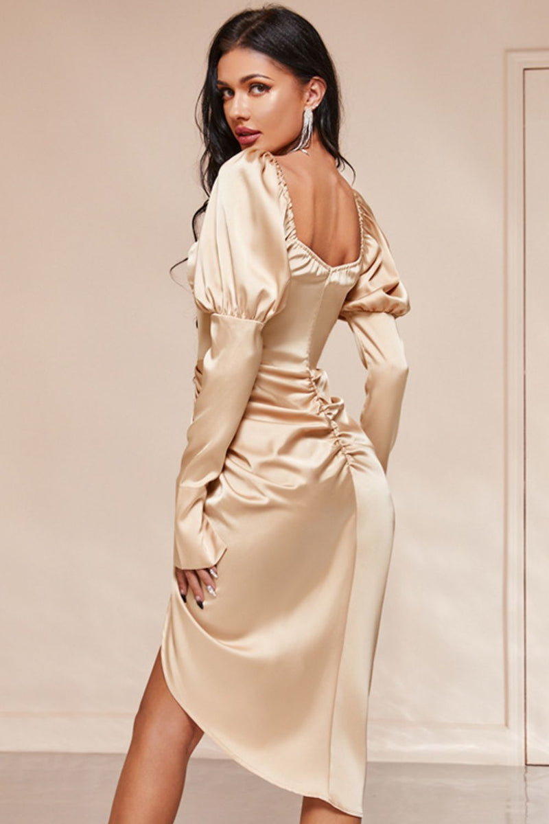 Ruched Lantern Sleeve Slit Satin Dress