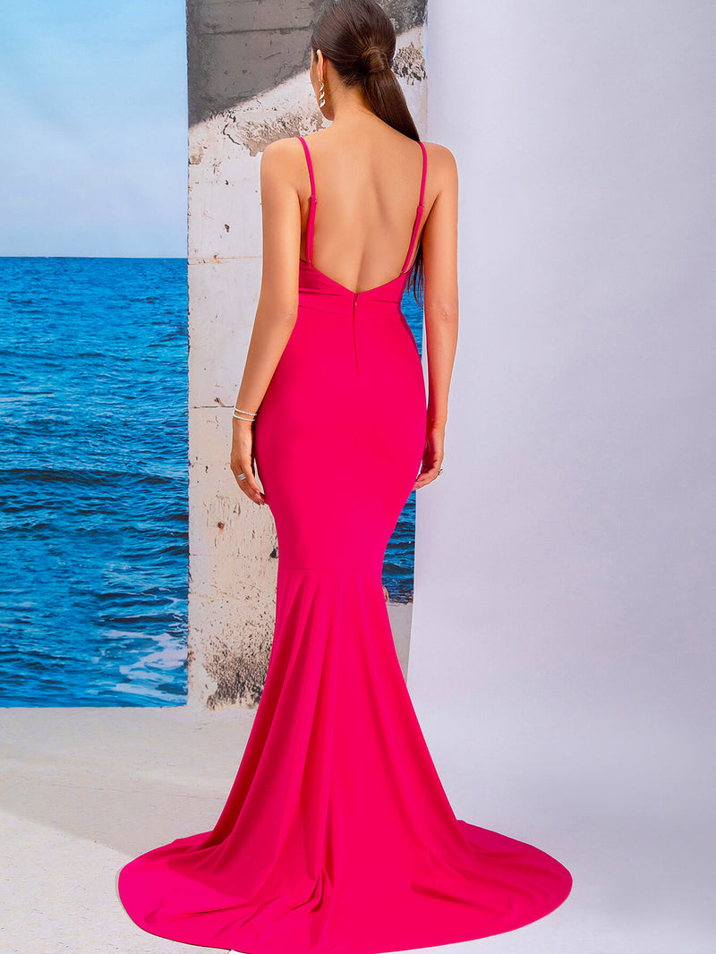 Spaghetti Strap Backless Plunge Mermaid Dress