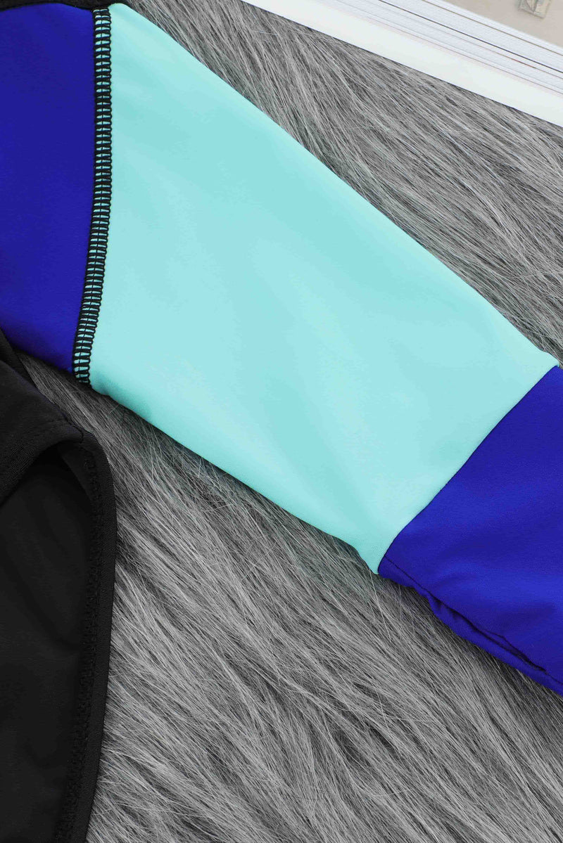 Color Block Half Zip Long Sleeve One-Piece Swimsuit