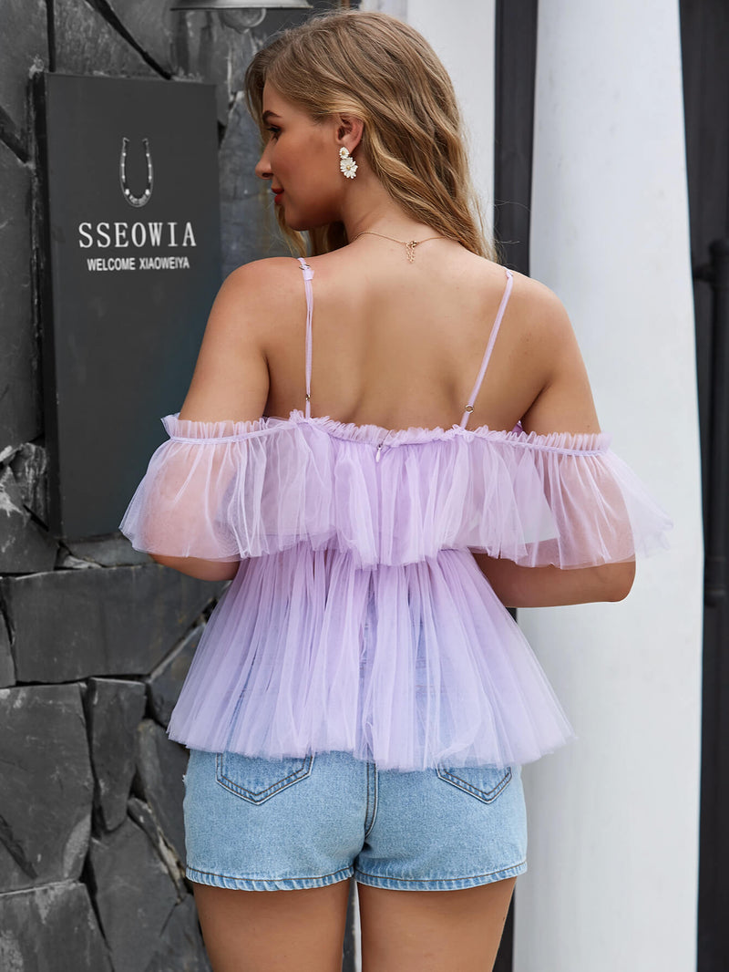 Plunge Frill Trim Ruffled Peplum Top