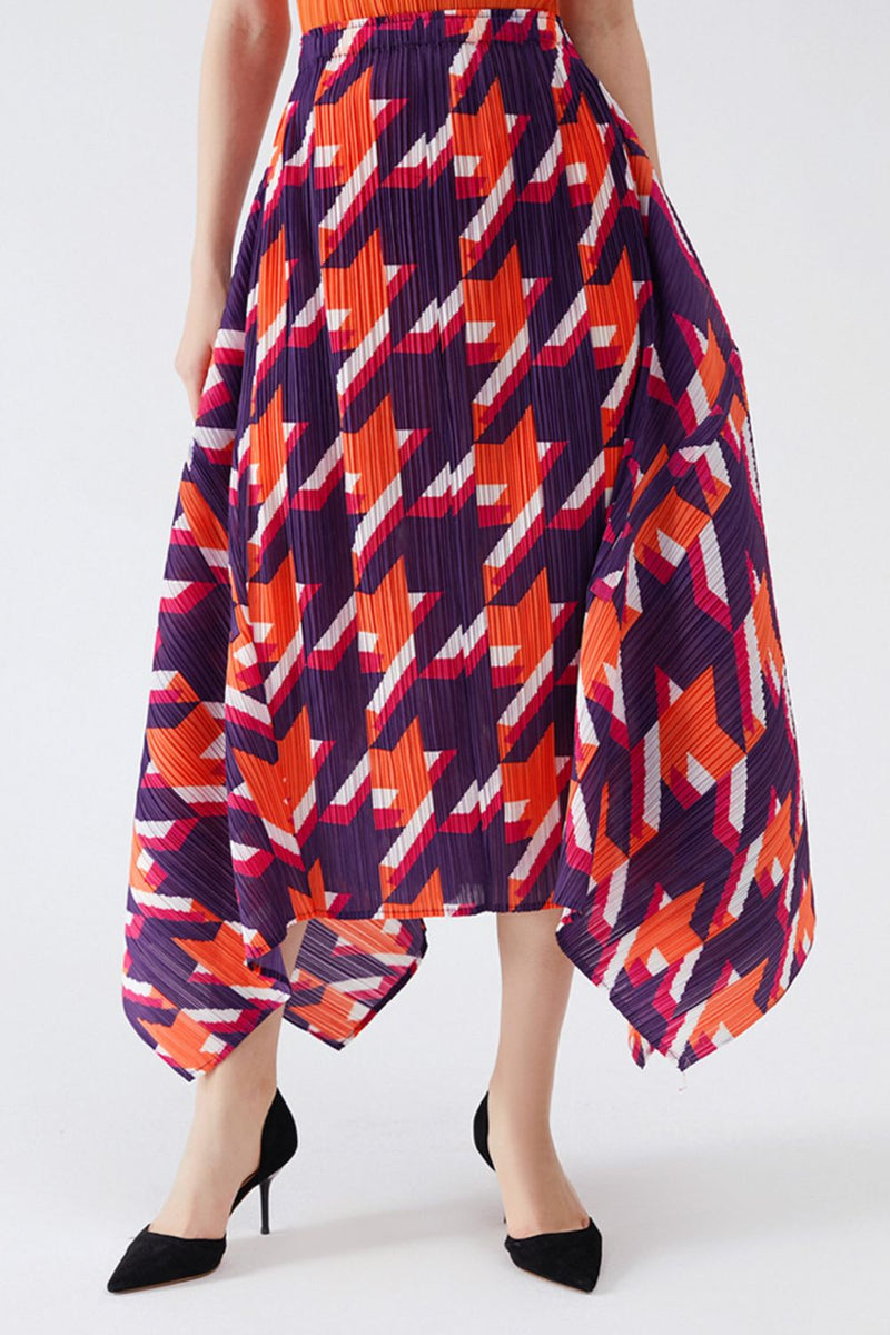 Houndstooth Accordion Pleated Handkerchief Hem Skirt